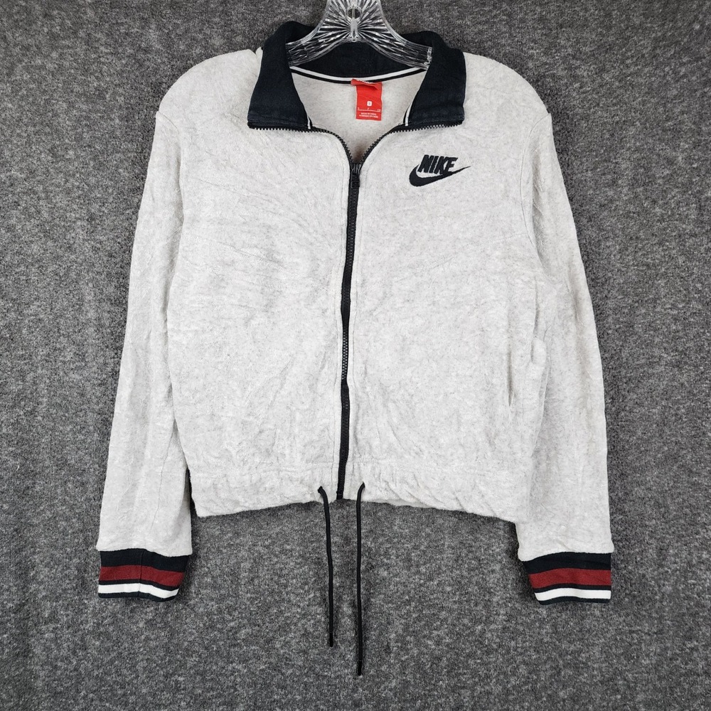 Nike Track Jacket Women S Grey Full Zip Terry Mock Neck Striped Cuffs Logo
